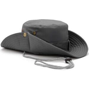 Unisex Dark Grey 100% Cotton Wide Brim Boonie With Chin Strap Classic Bucket Hat